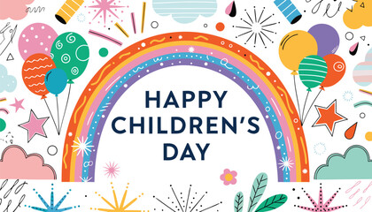 Vibrant rainbow illustration celebrating happy children day with colorful party balloons © vectyx2