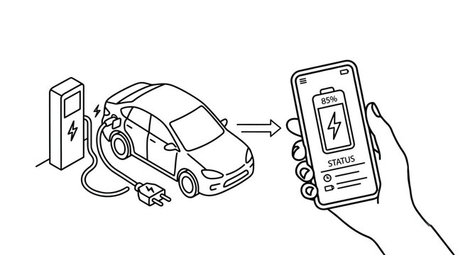 Line art illustration of an electric car charging at a station, with a smartphone displaying the 85% battery status.