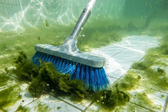 Satisfying underwater pool cleaning action: Blue brush scrubbing thick green algae off white tiles, revealing a pristine clean path. Before and after concept