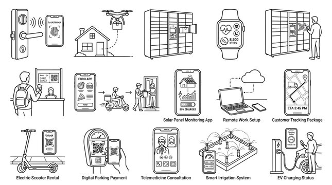 A comprehensive collection of line art illustrations showcasing various smart technologies and digital services for modern urban living, including IoT devices, mobile applications, and automated syste