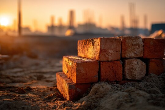 Stacked weathered bricks on sandy ground at sunset, construction site in background
