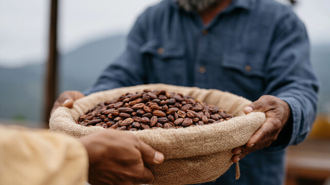 Cacao farmer handing freshly dried fermented beans to roastery intake manager at cooperative weighbridge, artisan chocolate supply chain, July tropical morning overcast sky,