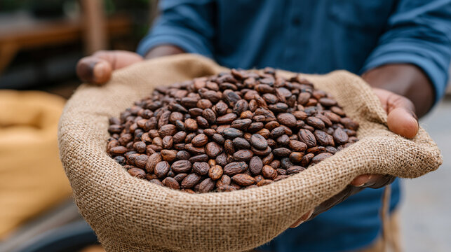 Cacao farmer handing freshly dried fermented beans to roastery intake manager at cooperative weighbridge, artisan chocolate supply chain, July tropical morning overcast sky,