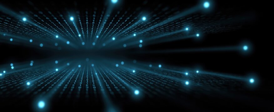 Futuristic binary code stream background showcasing digital grids and glowing nodes for advanced technology.