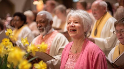 Obraz premium A vibrant Easter celebration with churchgoers participating in a joyful service, highlighting the resurrection of Christ.