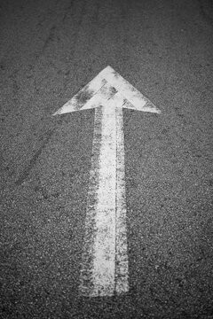 White directional arrow painted on asphalt road surface, symbolizing forward movement, direction, navigation, progress, and transportation concepts