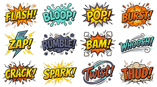 Dynamic colorful comic sound effect bubbles with action text.