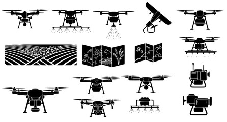 Obraz premium Precision agriculture drone and smart farming technology icons in black vector style for agricultural automation and crop monitoring systems