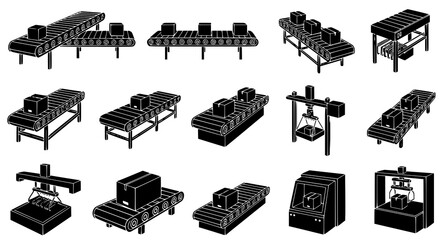 Obraz premium Industrial conveyor belt icons set featuring packaging machinery and automated logistics equipment in detailed black vector illustration for warehouse