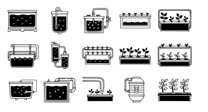 Hydroponic system icons set showing water culture and plant growing equipment in simple black and white vector outline for sustainable gardening design