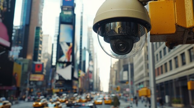 A view of a traffic camera monitoring a busy city intersection.