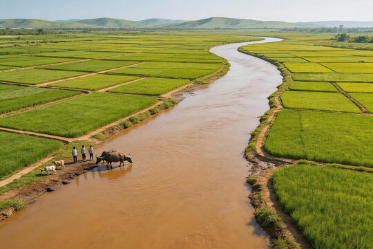 Rural river winding through green rice paddies with farmers, buffaloes, and goats in a scenic agricultural landscape