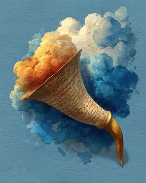 Watercolor soft background with shofar horn and copy space, symbolic for Yom Kippur