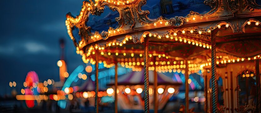 Illuminated carousel at dusk, amusement park lights glow in the background