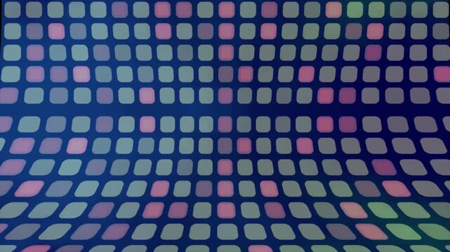 Abstract background featuring a wavy grid of glowing rounded rectangular tiles in soft colors