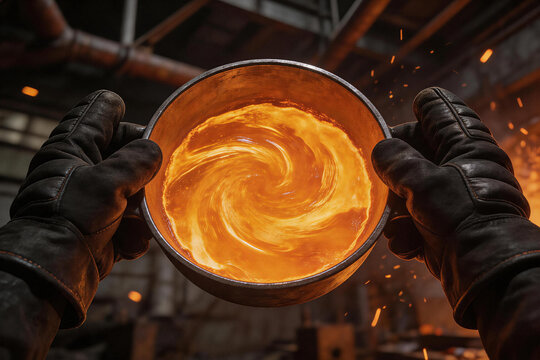 Worker holding a crucible with molten metal in a foundry