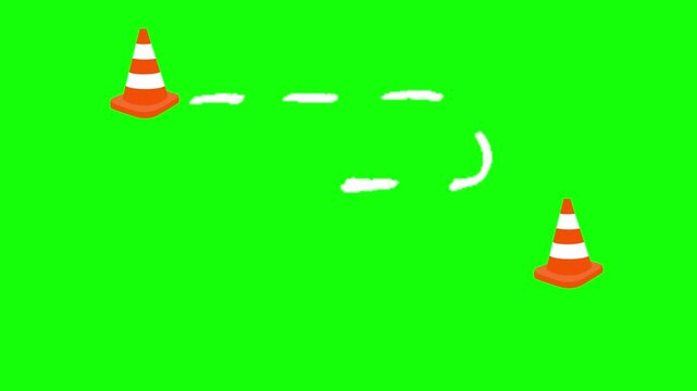Traffic Cone Route Animation with Dotted Path Lines on Green Screen Chroma Key for Business Presentation, Navigation Map, Motion Graphics
