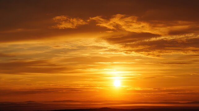A warm summer evening sky with the sun dipping below the horizon, creating a golden glow.