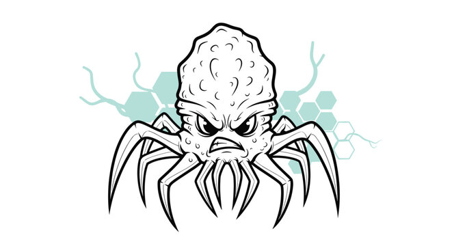 Scary alien creature or space monster with an angry face and multiple long legs shown in a black and white comic style.