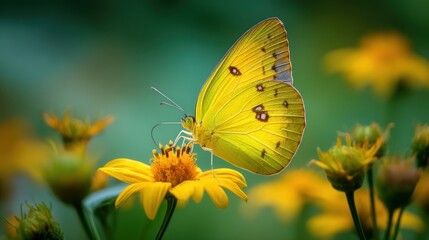 Fototapeta premium A yellow butterfly perched delicately on a bright sunflower, with its wings wide open, set against a soft green background.