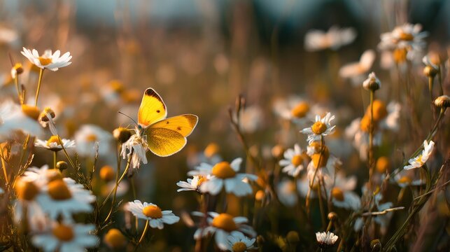 A yellow butterfly fluttering over a field of daisies, with the sunlight casting a warm glow over the scene.