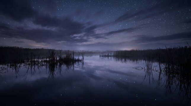 Starry night sky reflecting over a calm marsh lake with reeds and fog