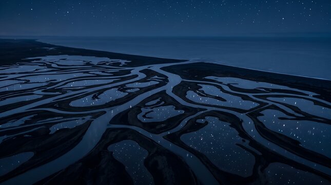 Aerial view of a braided river delta flowing into the sea under starry night
