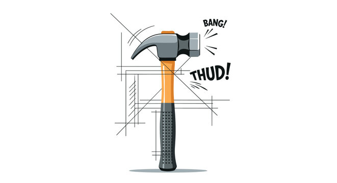 Detailed illustration of a claw hammer striking a surface with sound effect words bang and thud shown on a technical drawing.