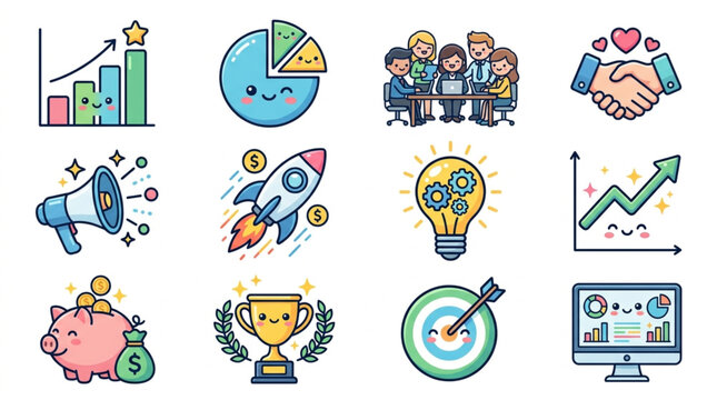 Collection of business and finance related cartoon icons.