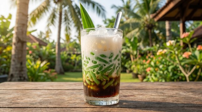Refreshing traditional Indonesian iced Cendol dessert with coconut milk and palm sugar served in a glass on a wooden table in a tropical garden