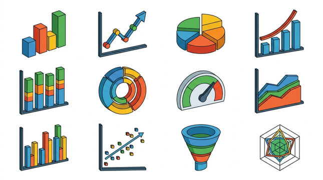 Collection of business and financial charts and graphs icons.
