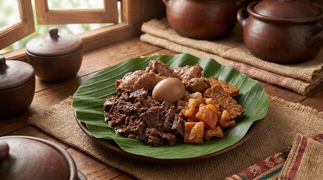 Traditional Yogyakarta Gudeg Plate Featuring Slow Cooked Young Jackfruit Chicken and Boiled Eggs Served on Banana Leaf