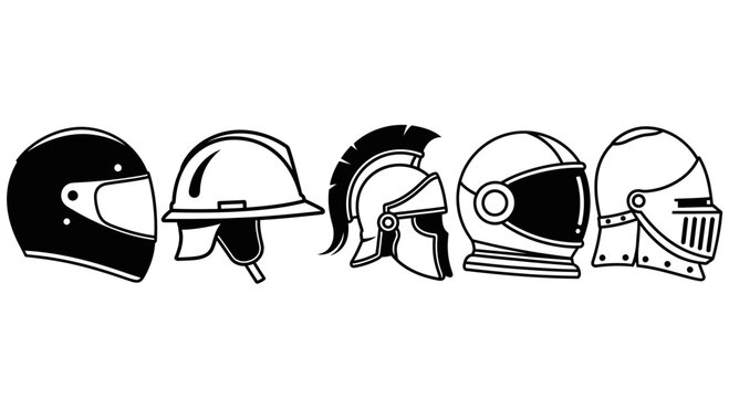 Collection of various helmets for safety and protection
