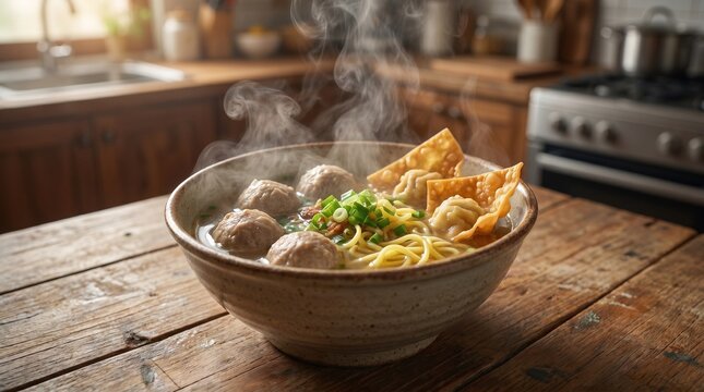 Steaming hot bowl of Indonesian bakso meatballs with yellow noodles and fried wontons served on a rustic wooden table in a kitchen setting