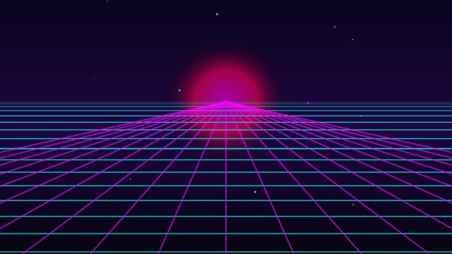 A vibrant retro-futuristic digital landscape with a glowing pink sun setting over a neon grid.