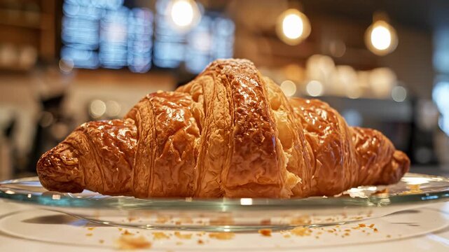 Freshly baked croissant on glass plate in cozy cafe. Warm atmosphere enhances enjoyment of delicious pastry. Perfect for breakfast or snack time.