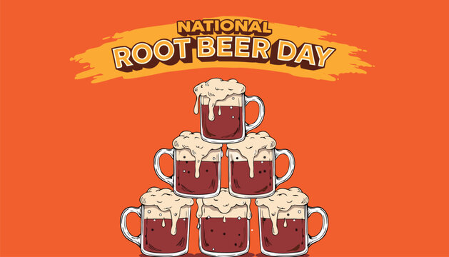 Stacked frosty mugs of root beer celebrating national soda holiday