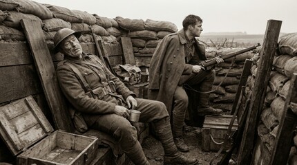 Fototapeta premium Weary WWI soldiers in sepia tone, one resting, the other scanning the horizon in the trench