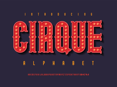 circus light bulb styled alphabet design with uppercase, numbers and symbols