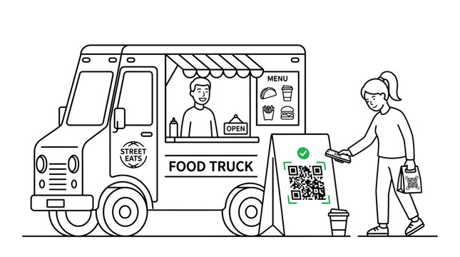 A line art illustration of a woman scanning a QR code at a food truck for mobile ordering and payment.