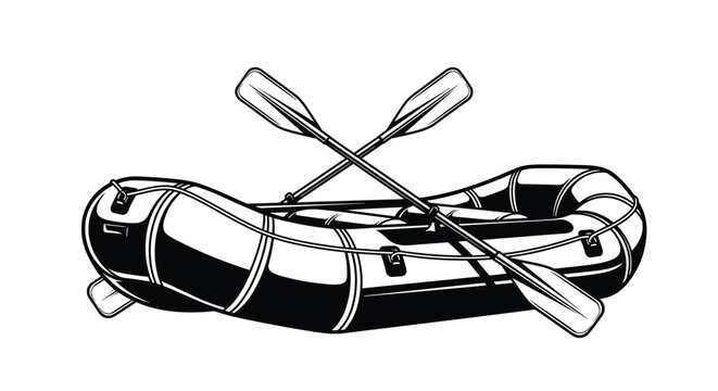 Solid black and white illustration of an inflatable rubber raft with two crossed oars for river rafting or water rescue.