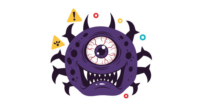 Purple one-eyed monster with sharp teeth and multiple legs smiles mischievously against a white background with warning signs.