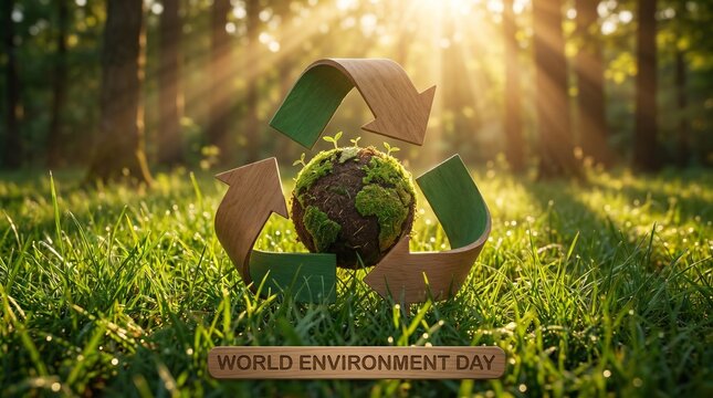 Wooden recycle symbol surrounding a mossy earth globe in a sunny forest clearing with a World Environment Day sign conceptualizing sustainability and global waste reduction