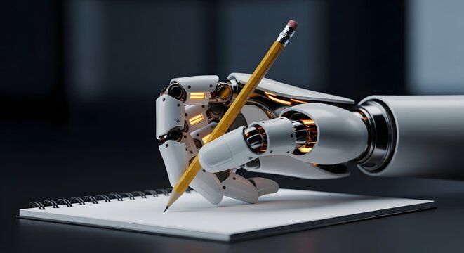 Robotic hand writing with yellow pencil on notebook