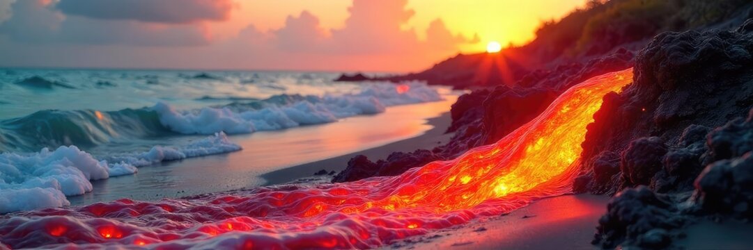 Close-up of vibrant, red-hot lava flowing, contrasting with a sun-drenched, summery beach scene in the background The heat is palpable; a fiery summer landscape , landscape, magma, orange