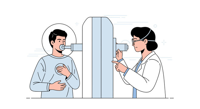 Doctor performing lung function test on patient with spirometer illustration