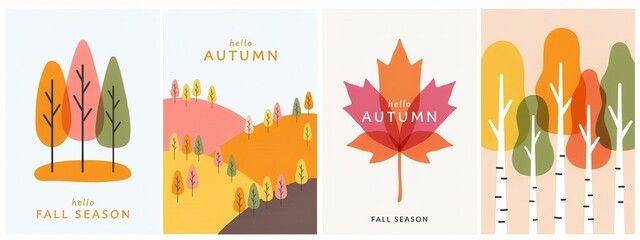 Set of four autumn posters with trees, leaves, and fall landscape illustrations