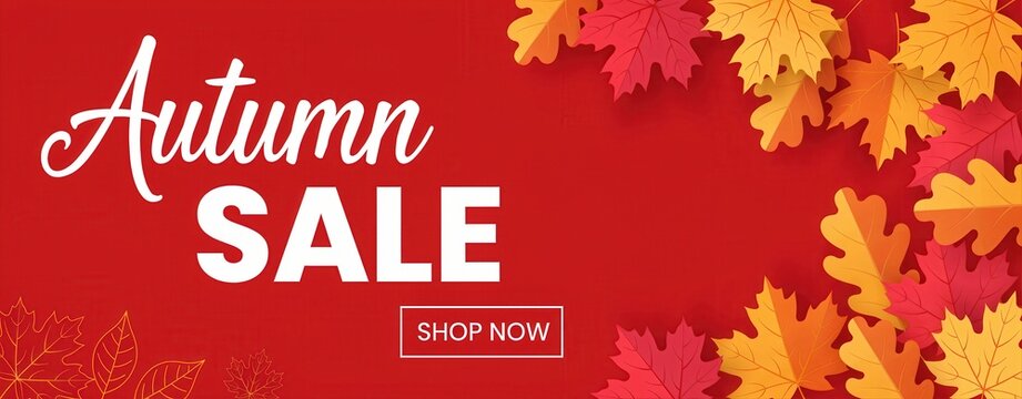Autumn sale banner with falling leaves on red background seasonal discount flyer or web header design