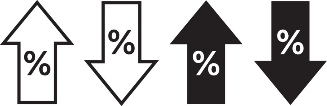 Set of percentage sign icons with up and down arrows