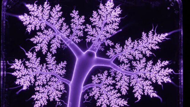 Abstract purple fractal tree with glowing branches and leaves on dark background, representing organic growth and neural networks